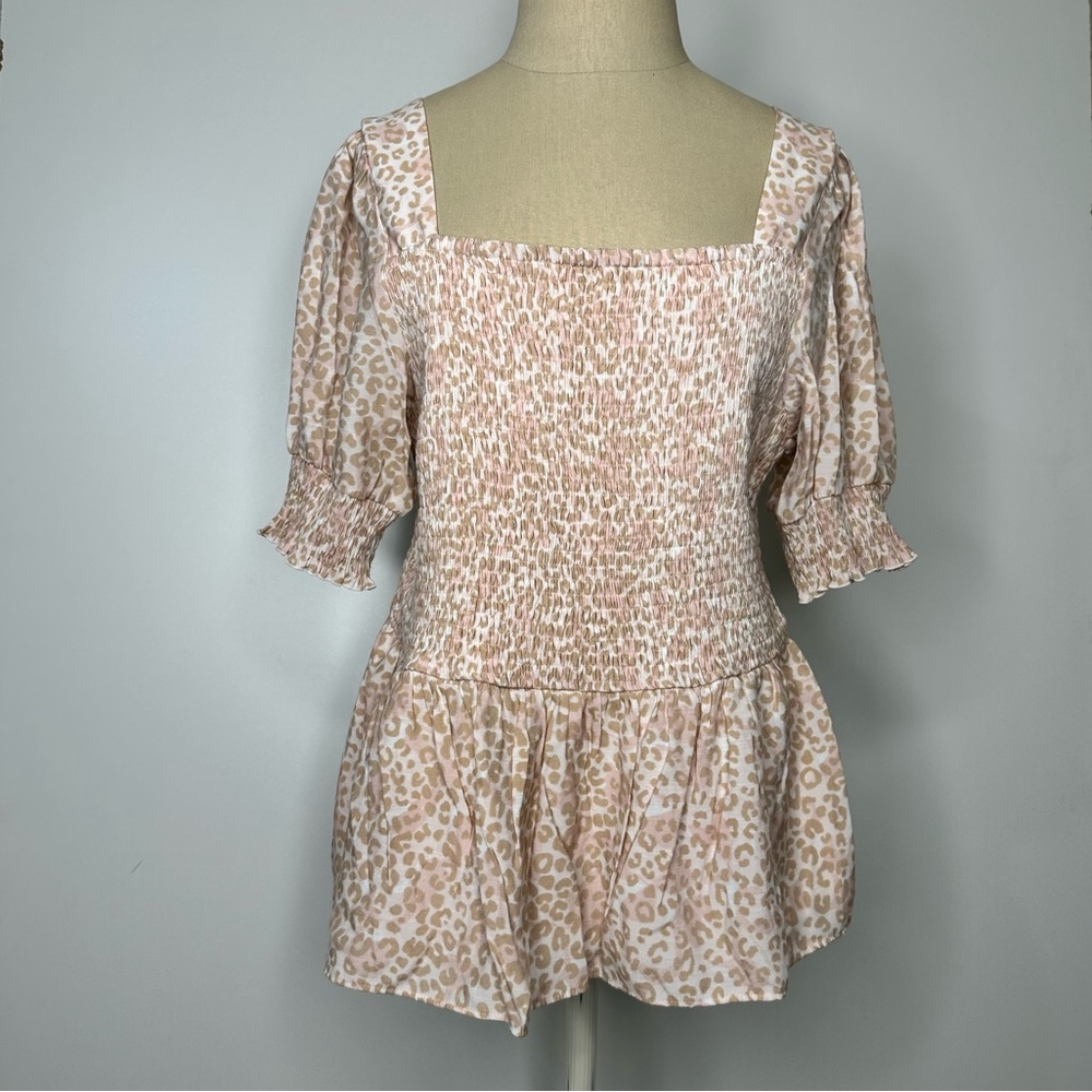 NINE WEST Ruched Stretch Peplum Top Blouse Animal Print Size XL